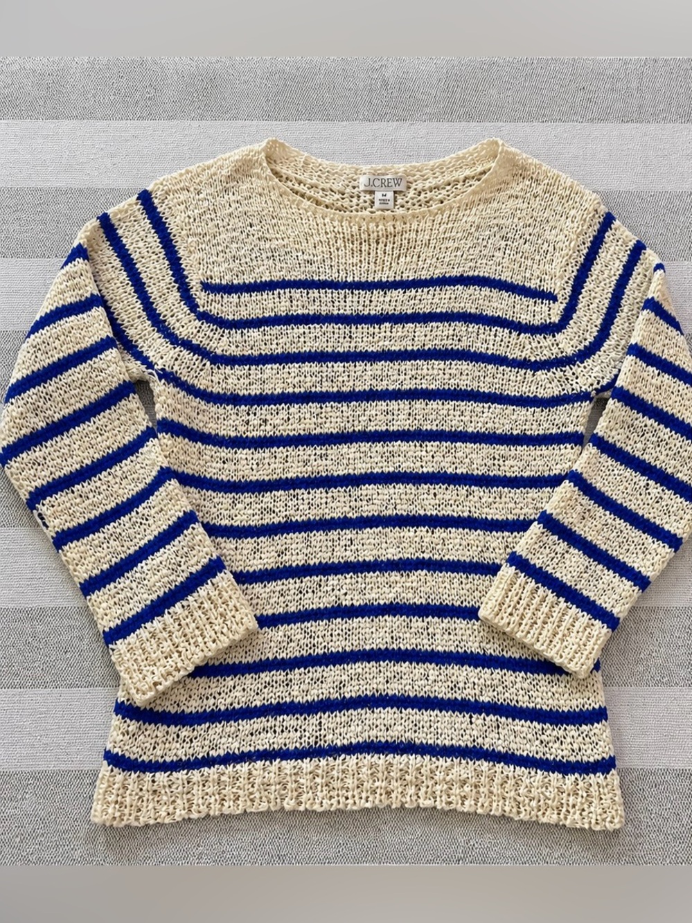 J.Crew Montauk Pullover Sweater Women M Blue Ivory Stripe Open Knit Re-Imagined
